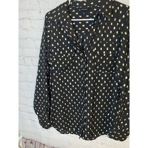Who What Wear Button Up Blouse, Gold& White Polka Dot, Size Large